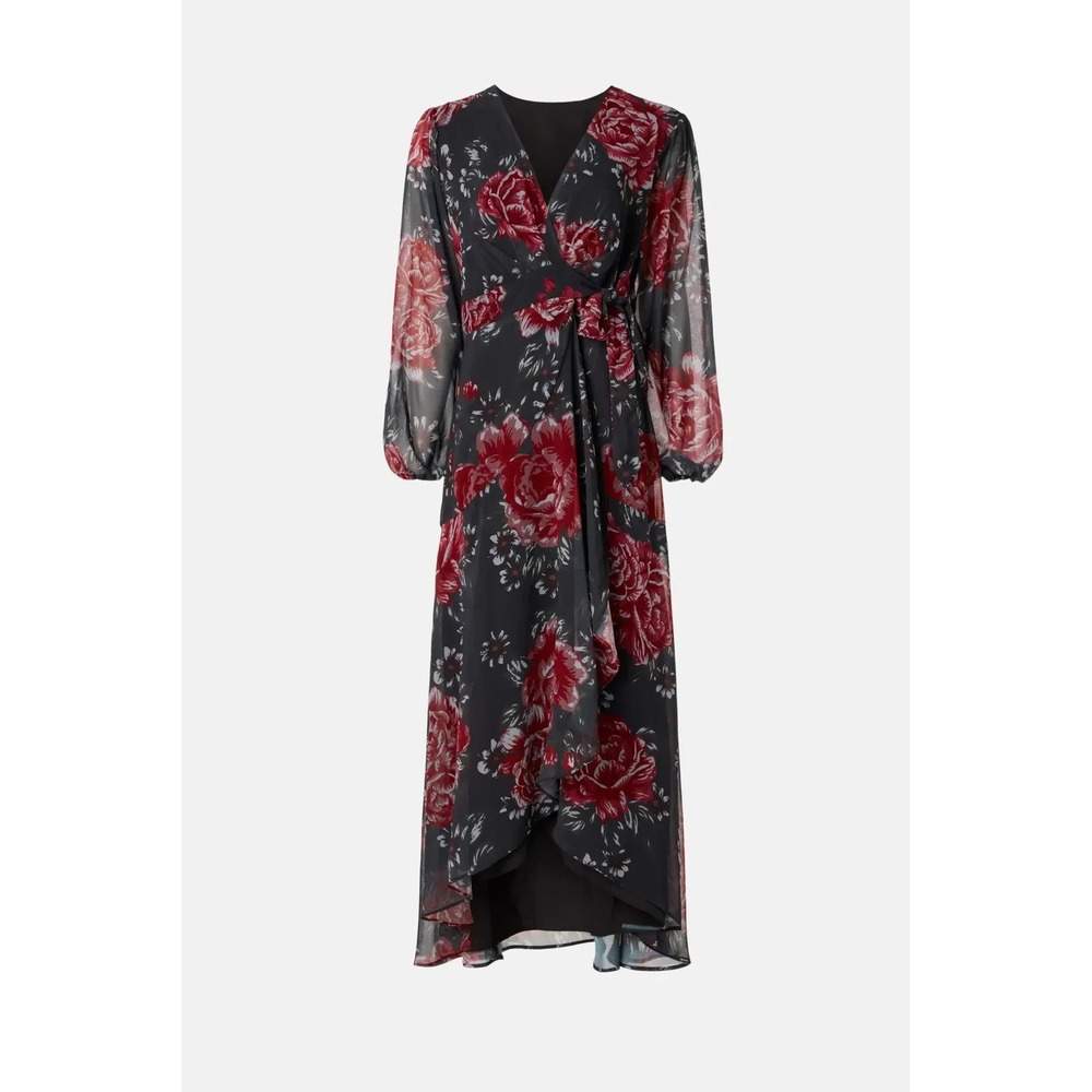 Black Floral Wrap Maxi Dress Womens Medium V Neck Long Sleeve Hi Low‎ Chiffon